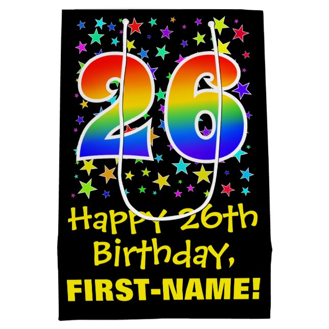 26th Birthday: Colourful Stars Pattern & Rainbow 2 Medium Gift Bag (Back)