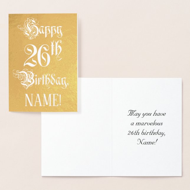26th Birthday: Elegant, Ornate Script; Custom Name Foil Card (Display)