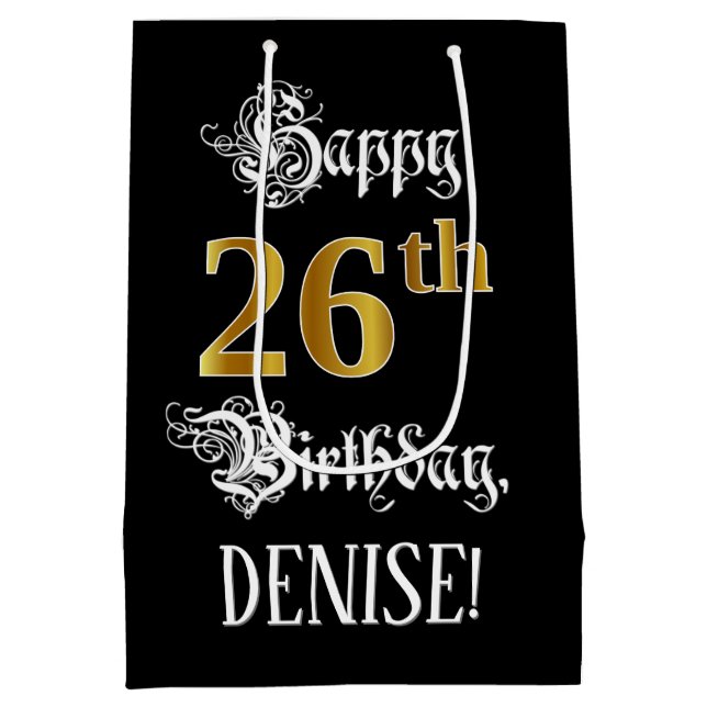 26th Birthday ~ Fancy Script; Faux Gold Look; Name Medium Gift Bag (Back)
