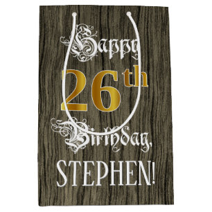 26th Birthday: Faux Gold Look & Faux Wood Pattern Medium Gift Bag