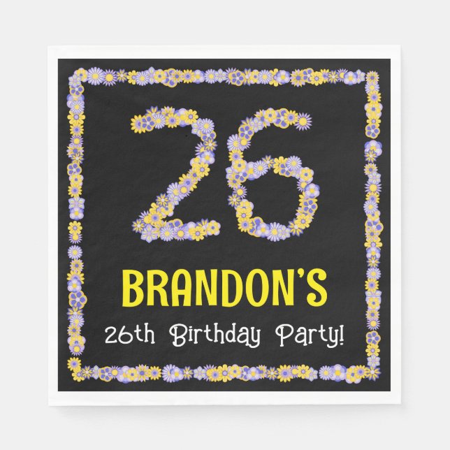 26th Birthday: Floral Flowers Number, Custom Name Napkin (Front)