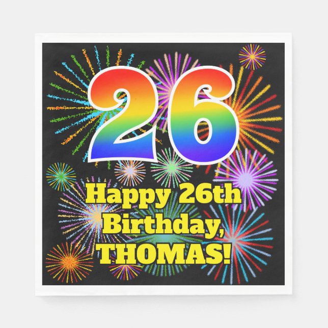 26th Birthday: Fun Fireworks Pattern + Rainbow 26 Napkin (Front)