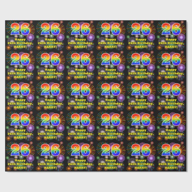 26th Birthday: Fun Fireworks, Rainbow Look # “26” Wrapping Paper (Flat)