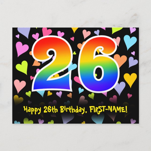 26th Birthday: Fun Hearts Pattern, Rainbow 26 Postcard (Front)