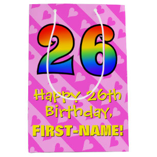 26th Birthday: Fun Pink Hearts Stripes; Rainbow 26 Medium Gift Bag