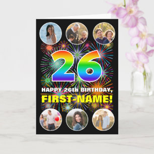 26th Birthday: Fun Rainbow #, Custom Name & Photos Card