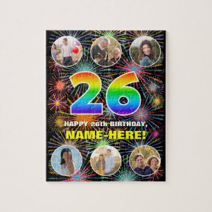 26th Birthday: Fun Rainbow #, Custom Name + Photos Jigsaw Puzzle