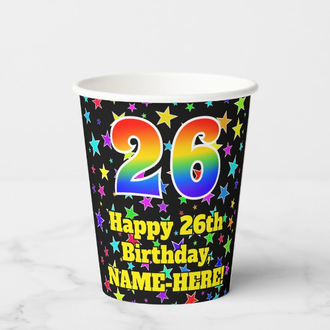 26th Birthday: Fun Stars Pattern and Rainbow 26 Paper Cups (Back)