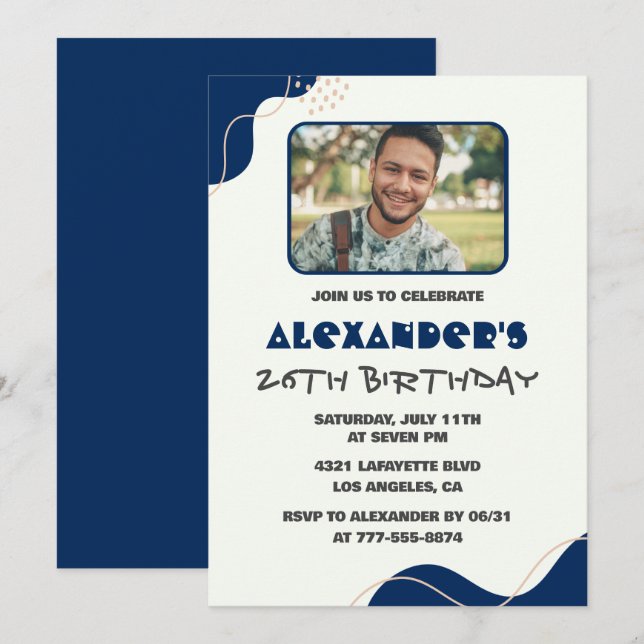 26th birthday invitations Men Navy Simple Photo (Front/Back)