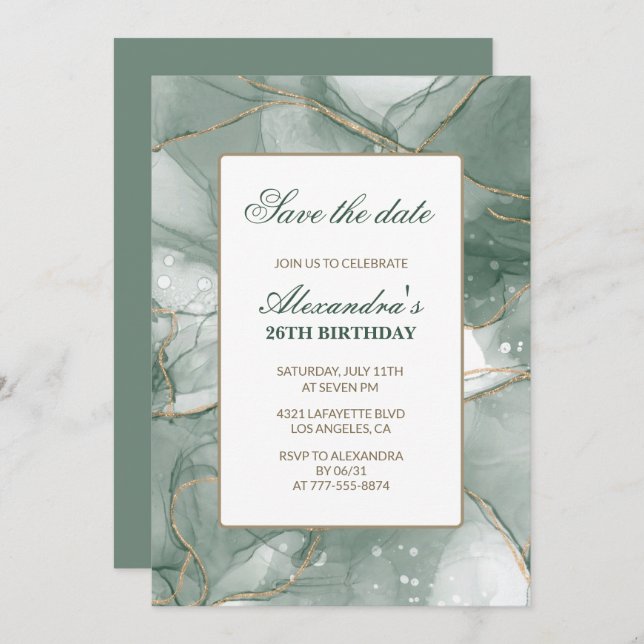 26th birthday invitations Save the date Green (Front/Back)