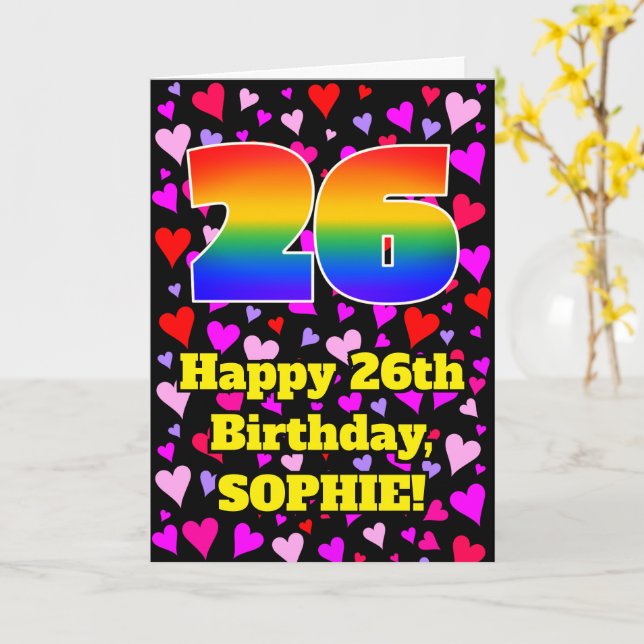 26th Birthday: Loving Hearts Pattern, Rainbow # 26 Card (Yellow Flower)