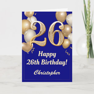 26th Birthday Navy Blue and Gold Balloons Confetti Card
