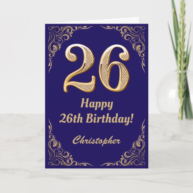 26th Birthday Navy Blue and Gold Glitter Frame Card (Front)