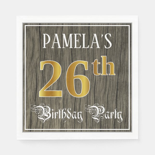 26th Birthday Party — Faux Gold & Faux Wood Looks Napkin (Front)