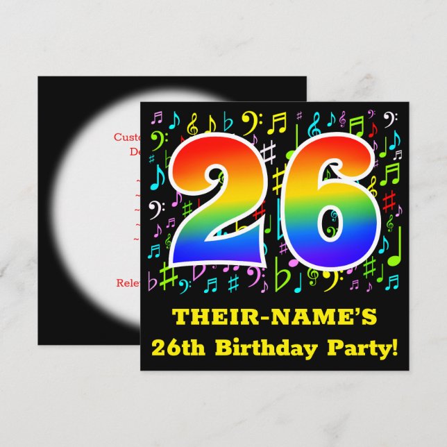 26th Birthday Party: Fun Music Symbols, Rainbow 26 Invitation (Front/Back)