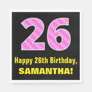 26th Birthday: Pink Stripes and Hearts "26" + Name Napkin