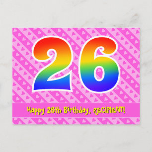26th Birthday: Pink Stripes & Hearts, Rainbow 26 Postcard