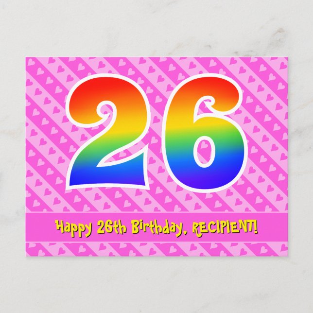 26th Birthday: Pink Stripes & Hearts, Rainbow 26 Postcard (Front)