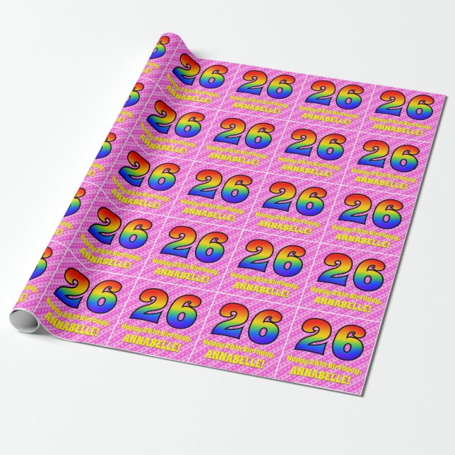 26th Birthday: Pink Stripes & Hearts, Rainbow # 26 Wrapping Paper (Unrolled)