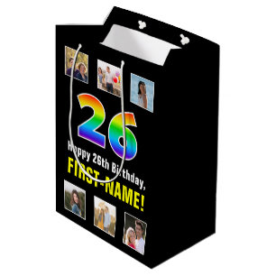 26th Birthday: Rainbow “26“, Custom Photos & Name Medium Gift Bag