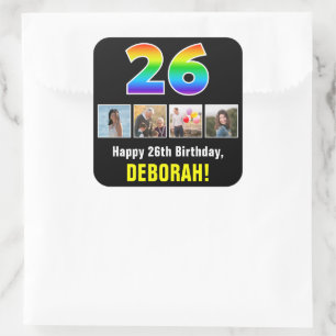 26th Birthday: Rainbow “26”; Custom Photos & Name Square Sticker