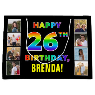 26th Birthday: Rainbow Text, Custom Photos & Name Large Gift Bag