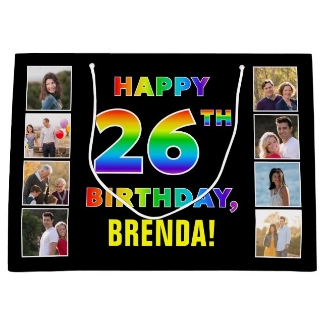 26th Birthday: Rainbow Text, Custom Photos & Name Large Gift Bag (Front)
