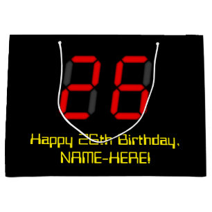 26th Birthday: Red Digital Clock Style "26" + Name Large Gift Bag