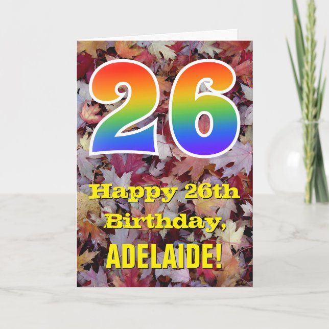 26th Birthday; Rustic Autumn Leaves; Rainbow "26" Card (Front)
