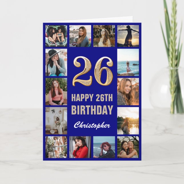 26th Happy Birthday Navy Blue & Gold Photo Collage Card (Front)