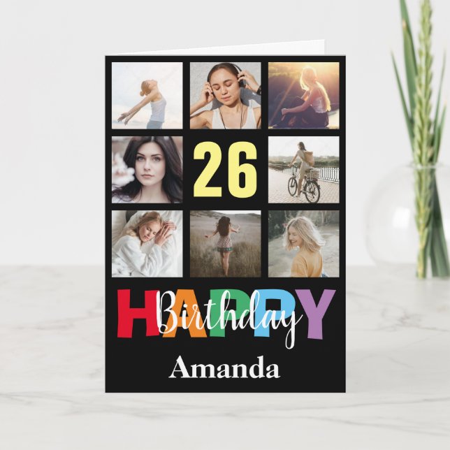 26th Happy Birthday Photo Collage Modern Black Card (Front)