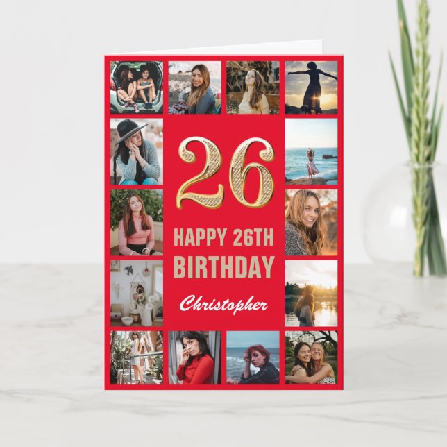 26th Happy Birthday Red and Gold Photo Collage Card (Front)