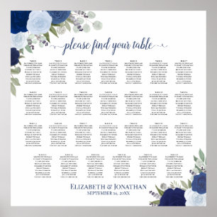 27 Table Blue Roses Elegant Wedding Seating Chart