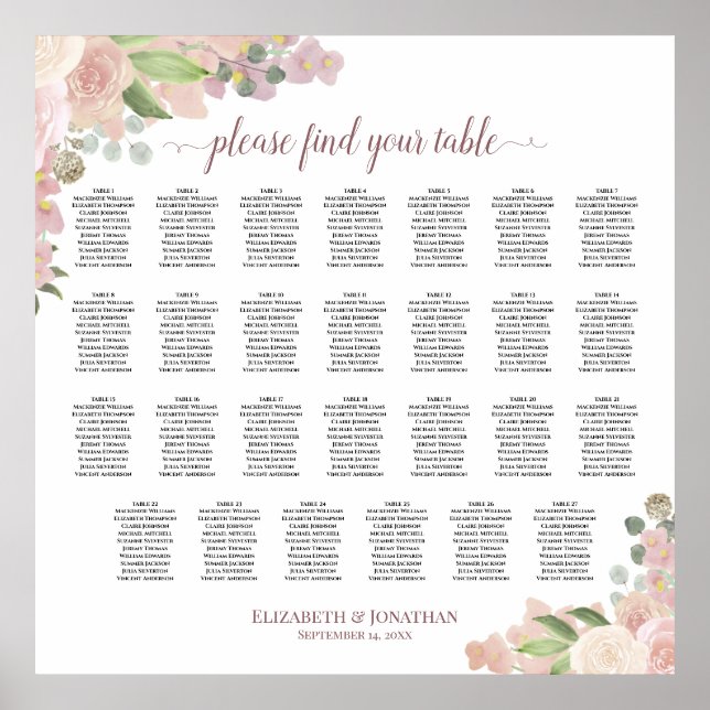 27 Table Elegant Pink Roses Wedding Seating Chart (Front)