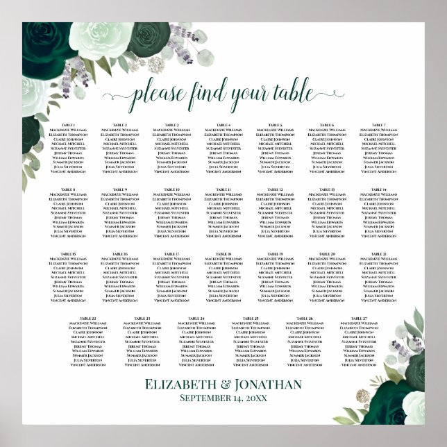 27 Table Emerald Roses Chic Wedding Seating Chart (Front)