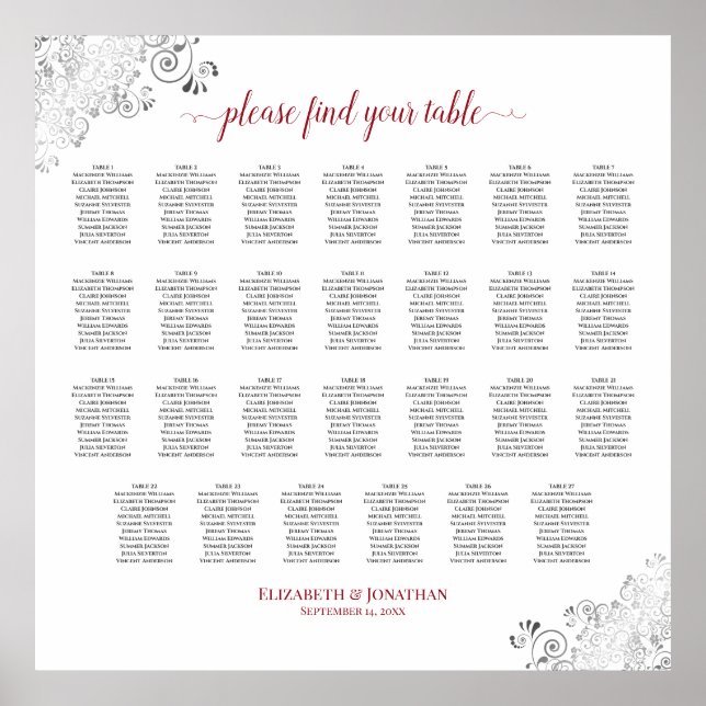 27 Table Frilly Wedding Seating Chart White & Red (Front)