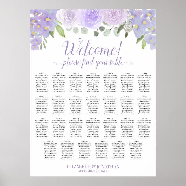 27 Table Lavender Floral Wedding Seating Chart (Front)