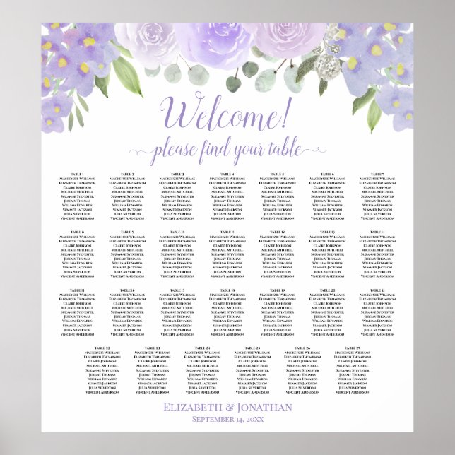 27 Table Lavender Floral Wedding Seating Chart (Front)