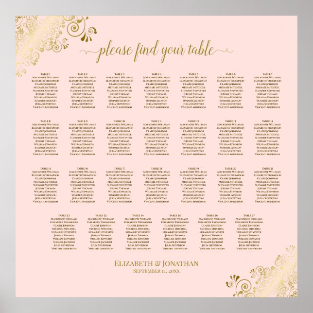 27 Table Wedding Seating Chart Blush Pink & Gold (Front)