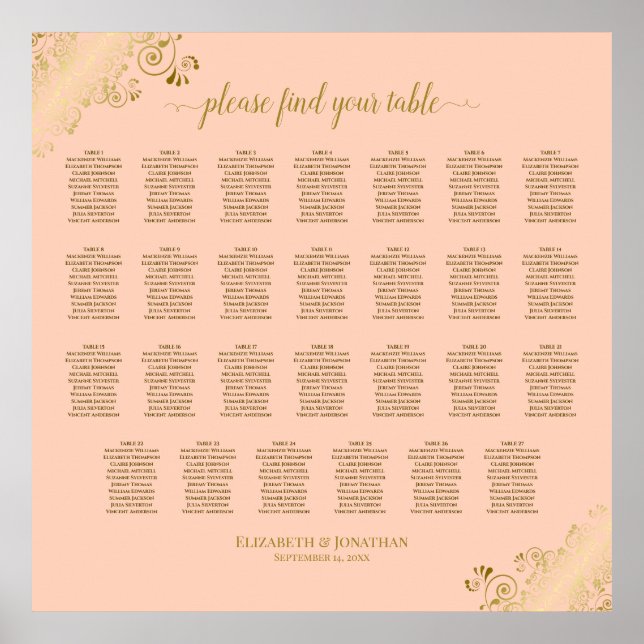 27 Table Wedding Seating Chart Coral Peach & Gold (Front)