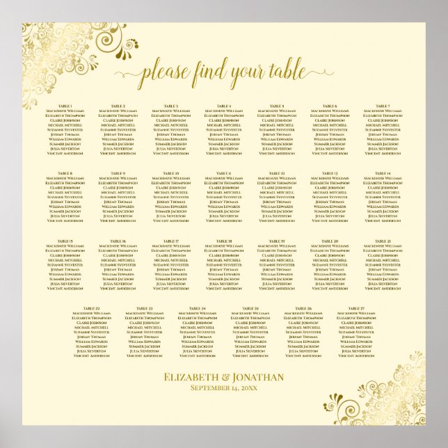 27 Table Wedding Seating Chart Cream & Gold Frills (Front)