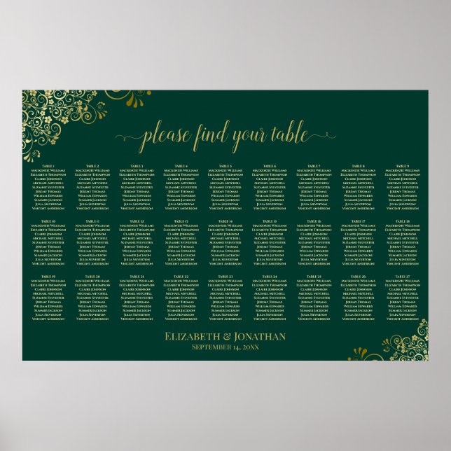 27 Table Wedding Seating Chart Emerald Green Gold (Front)
