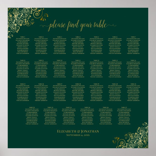27 Table Wedding Seating Chart Emerald Green Gold (Front)