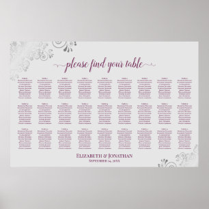 27 Table Wedding Seating Chart Magenta Plum & Grey
