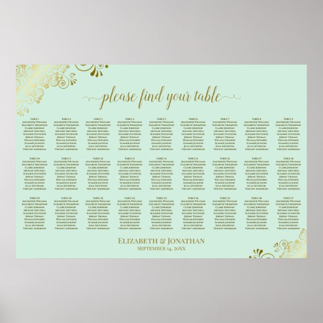 27 Table Wedding Seating Chart Mint Green & Gold (Front)