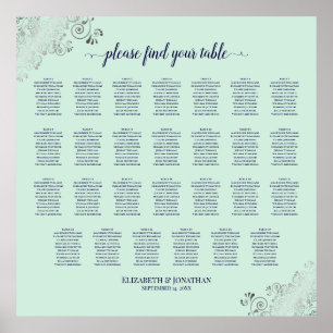 27 Table Wedding Seating Chart Mint Green & Navy