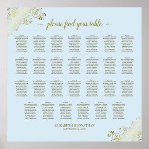 27 Table Wedding Seating Chart Powder Blue & Gold