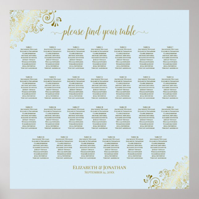 27 Table Wedding Seating Chart Powder Blue & Gold (Front)
