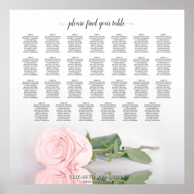 27 Table Wedding Seating Chart Romantic Pink Rose (Front)