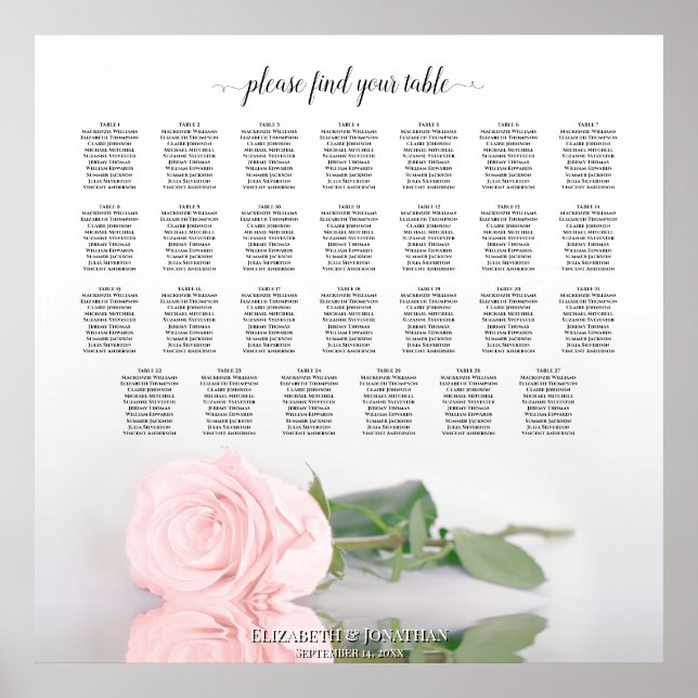 27 Table Wedding Seating Chart Romantic Pink Rose (Front)